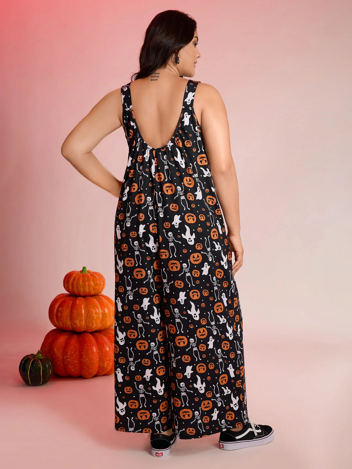 Halloween Skull Print Stretchy Wide-Leg Jumpsuit