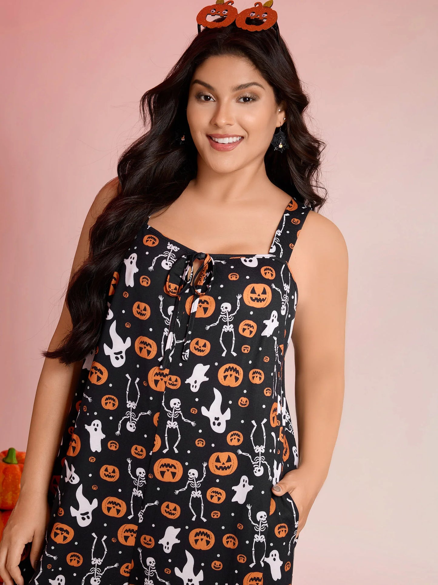 Halloween Skull Print Stretchy Wide-Leg Jumpsuit