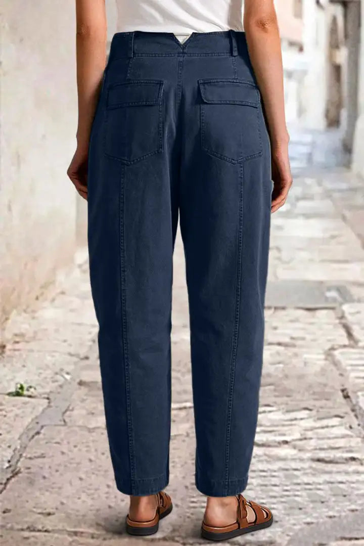 Solid Stitch Detail Mid Waist Carrot Leg Crop Pants Without Belt