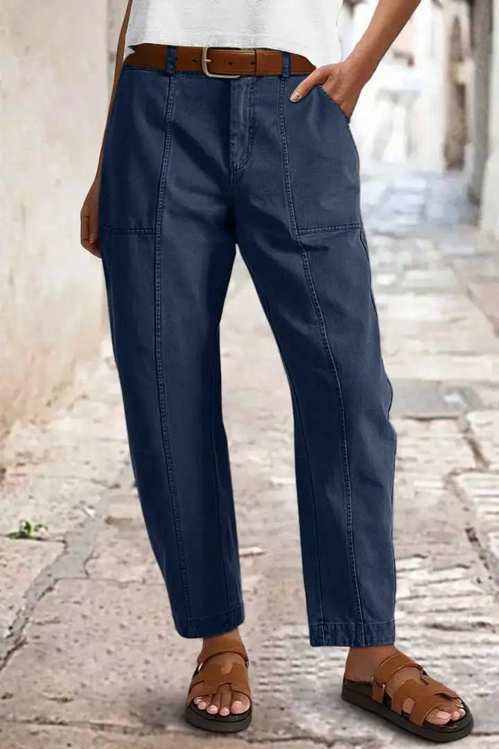 Solid Stitch Detail Mid Waist Carrot Leg Crop Pants Without Belt