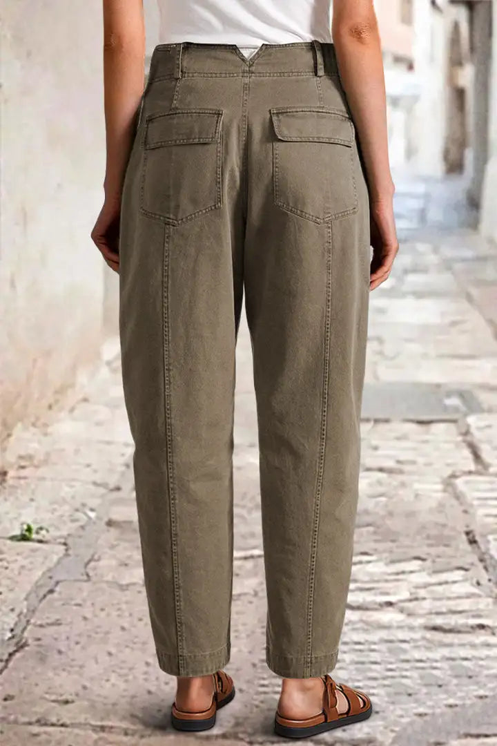 Solid Stitch Detail Mid Waist Carrot Leg Crop Pants Without Belt