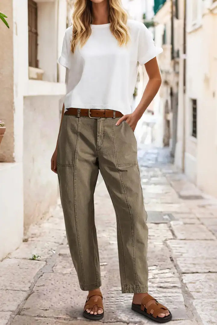 Solid Stitch Detail Mid Waist Carrot Leg Crop Pants Without Belt