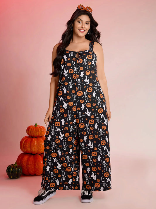 Halloween Skull Print Stretchy Wide-Leg Jumpsuit