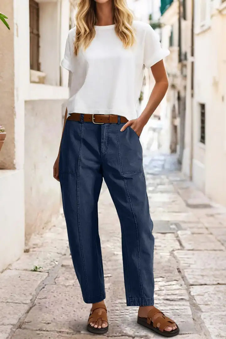 Solid Stitch Detail Mid Waist Carrot Leg Crop Pants Without Belt
