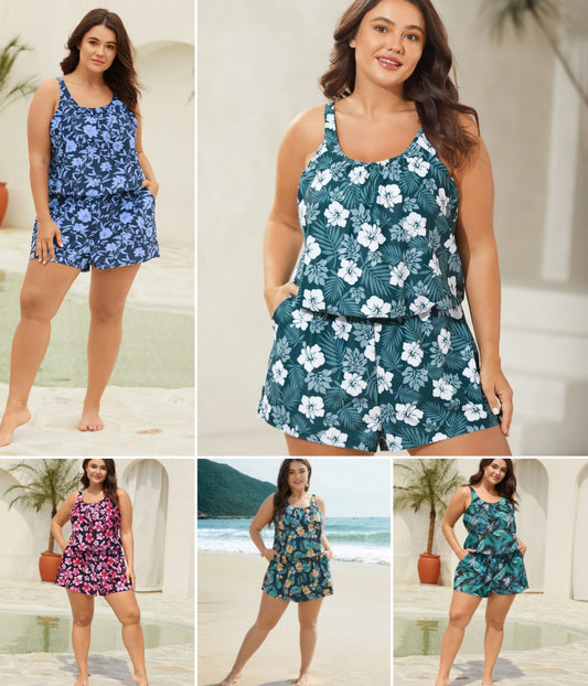 Tropical Flower Print Pockets One-Piece Swimsuit