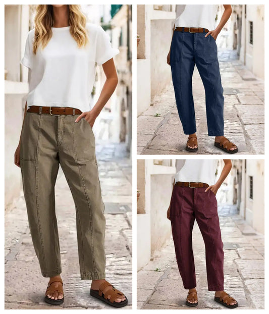 Solid Stitch Detail Mid Waist Carrot Leg Crop Pants Without Belt