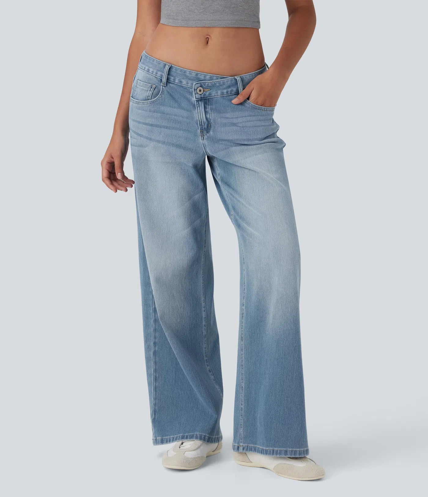 Asymmetric Low Rise Zipper Pockets Baggy Wide Leg Washed Casual Jeans
