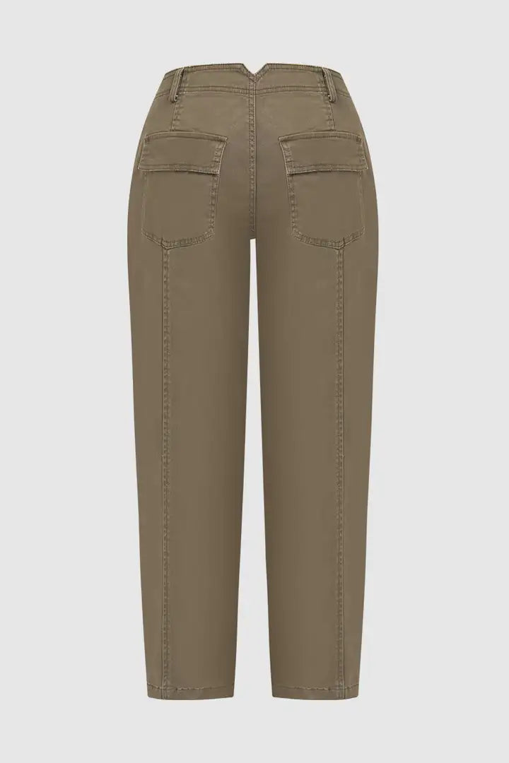 Solid Stitch Detail Mid Waist Carrot Leg Crop Pants Without Belt