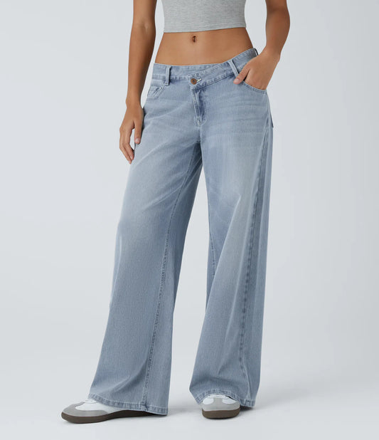 Asymmetric Low Rise Zipper Pockets Baggy Wide Leg Washed Casual Jeans