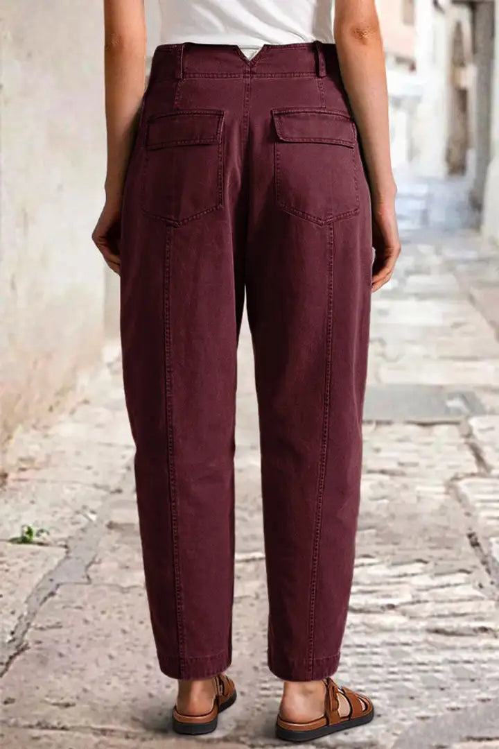 Solid Stitch Detail Mid Waist Carrot Leg Crop Pants Without Belt