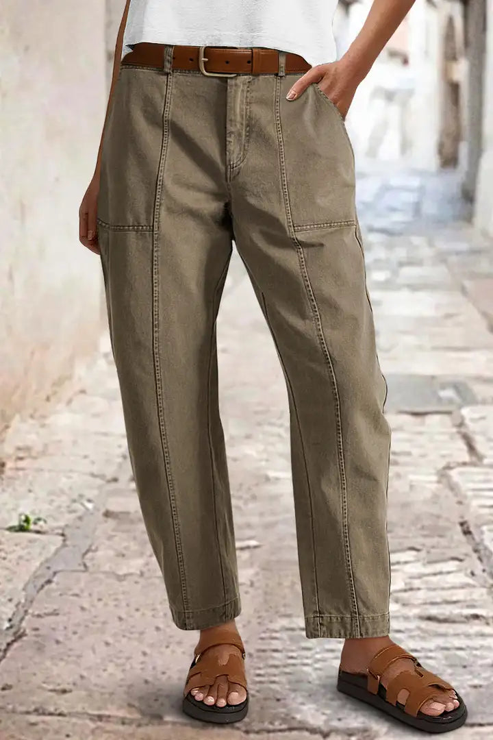 Solid Stitch Detail Mid Waist Carrot Leg Crop Pants Without Belt
