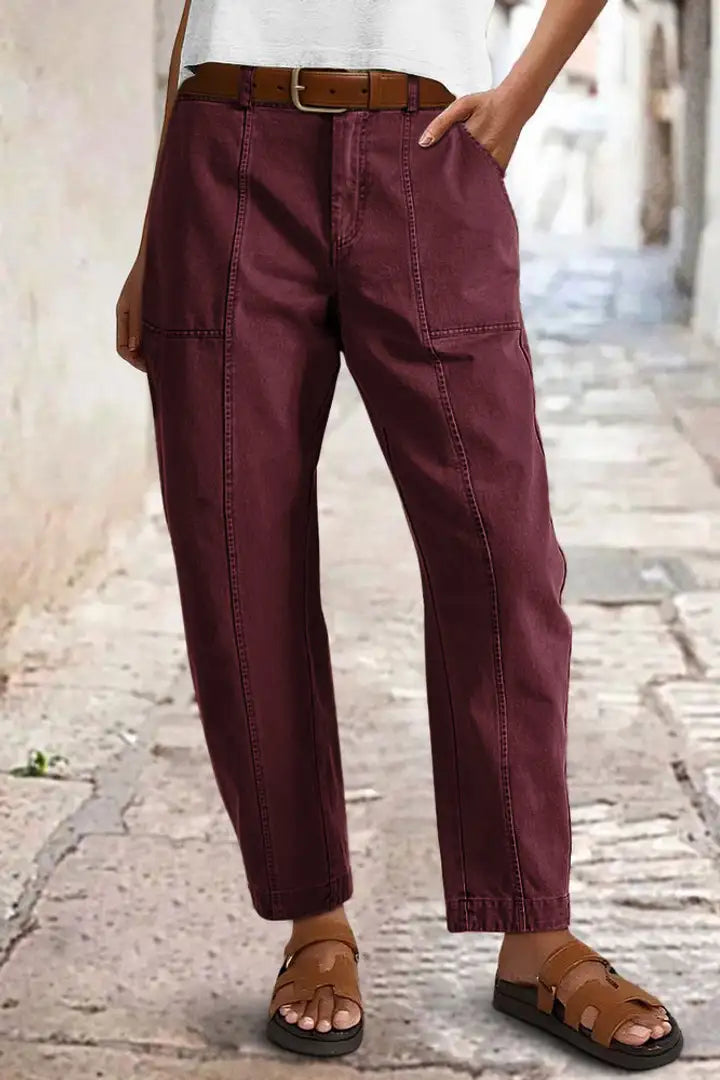 Solid Stitch Detail Mid Waist Carrot Leg Crop Pants Without Belt