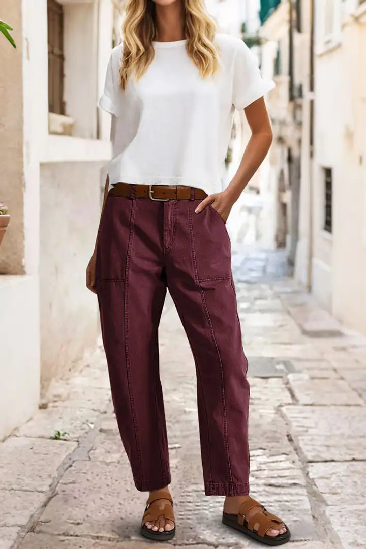 Solid Stitch Detail Mid Waist Carrot Leg Crop Pants Without Belt